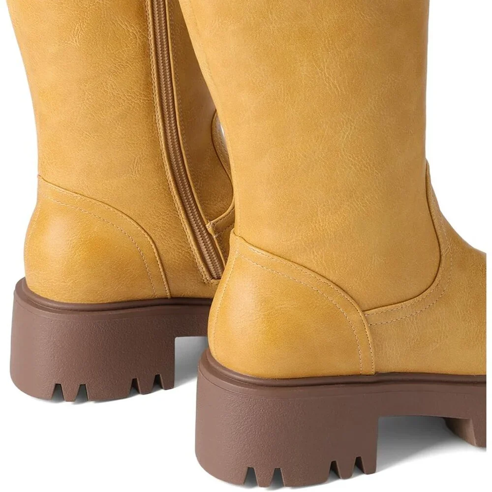 Women's Yellow Knee High Round-Toe Side Zip Stylish Comfortable Chunky Heel Boot